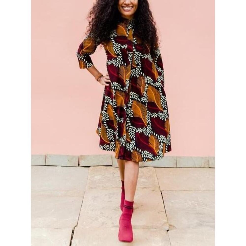 ZURI Just One Dress Kenya Button Front Leaf Botanical Swing A-line 100% Cotton S